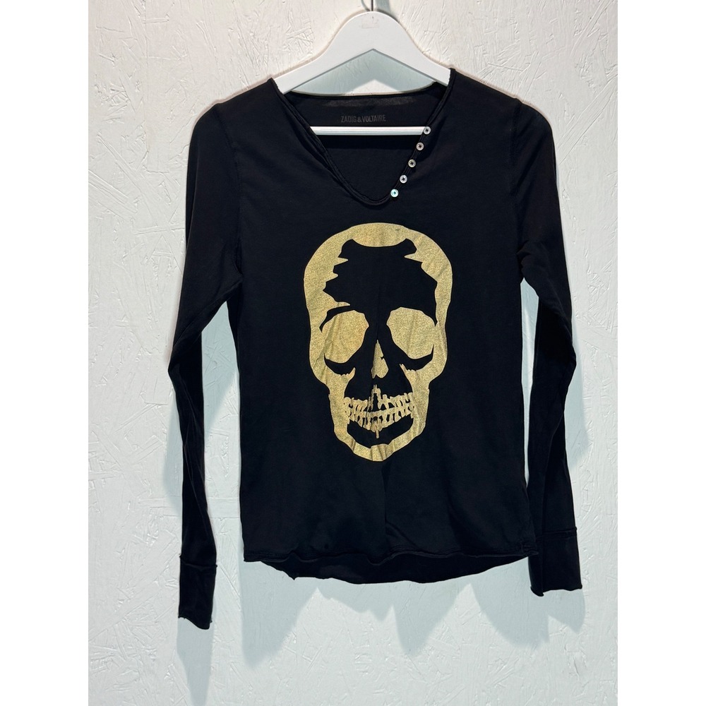 Zadig & Voltaire Black Gold Skull Graphic Long Sleeve Top V-Neck Button Detail
